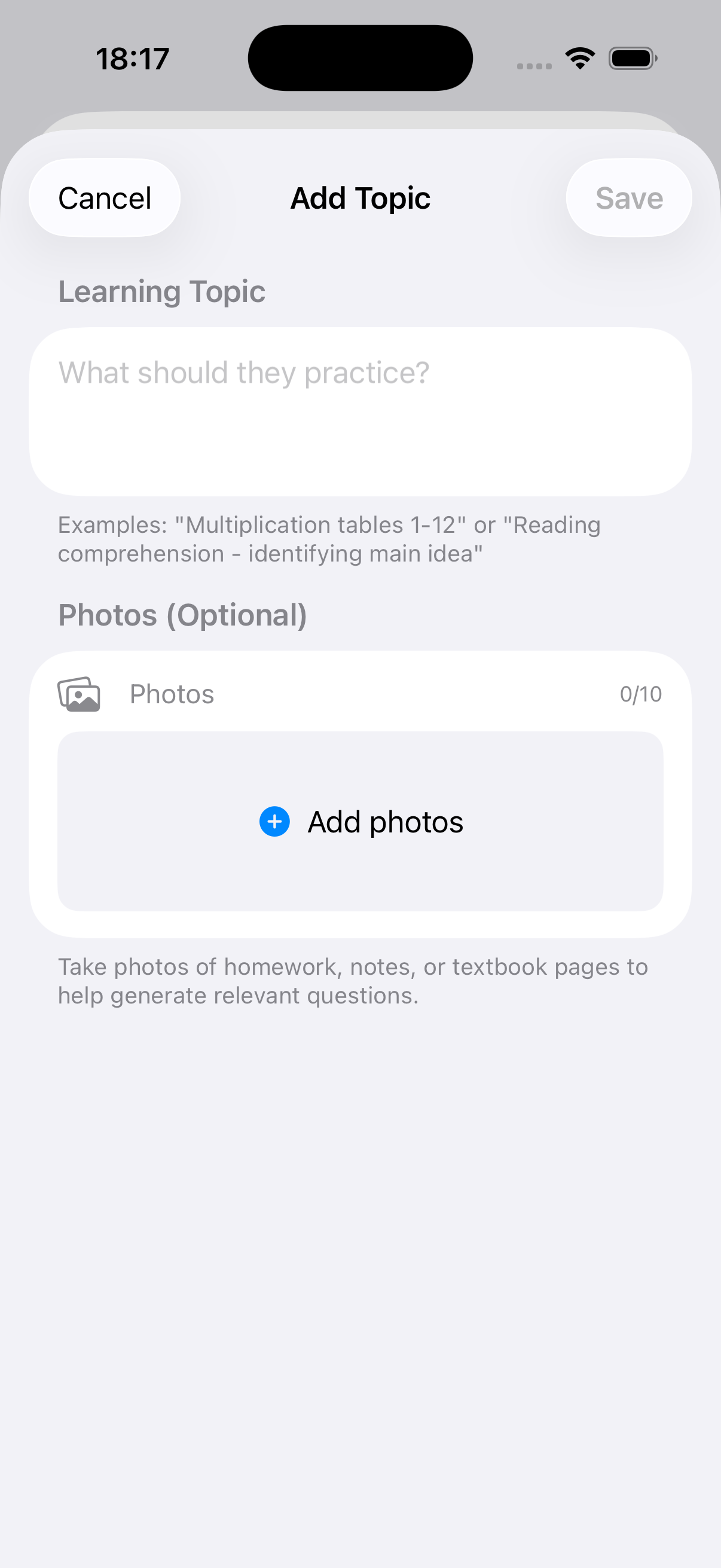 Custom learning topics with photo upload