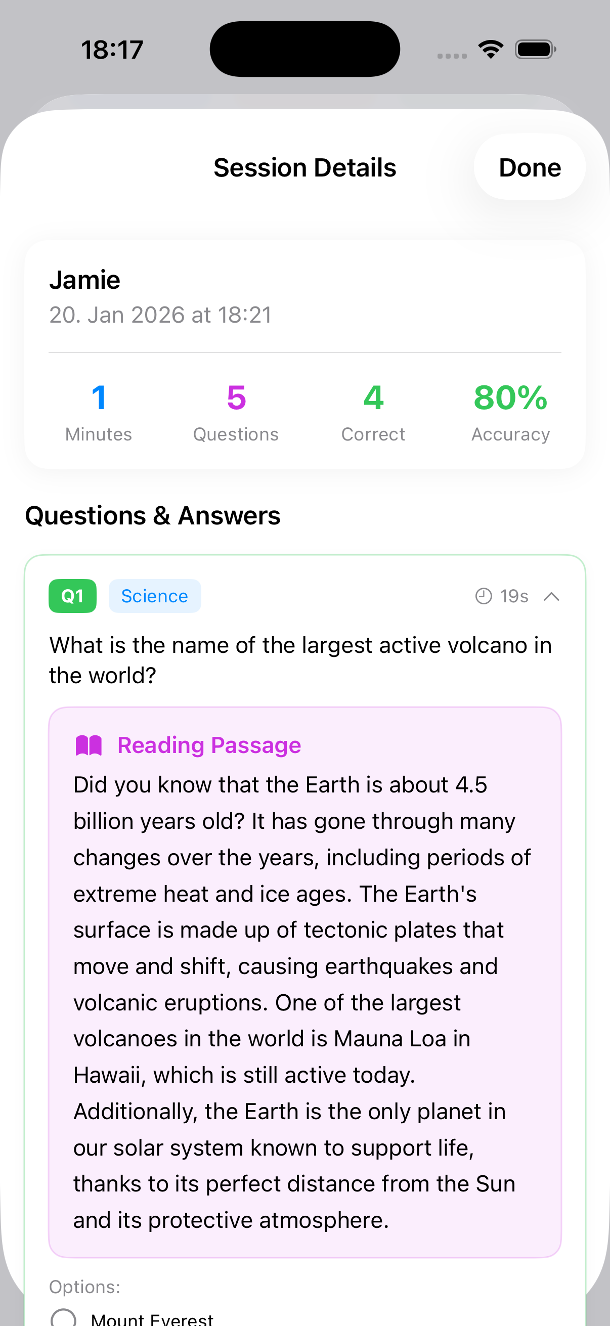 Parent dashboard showing session details